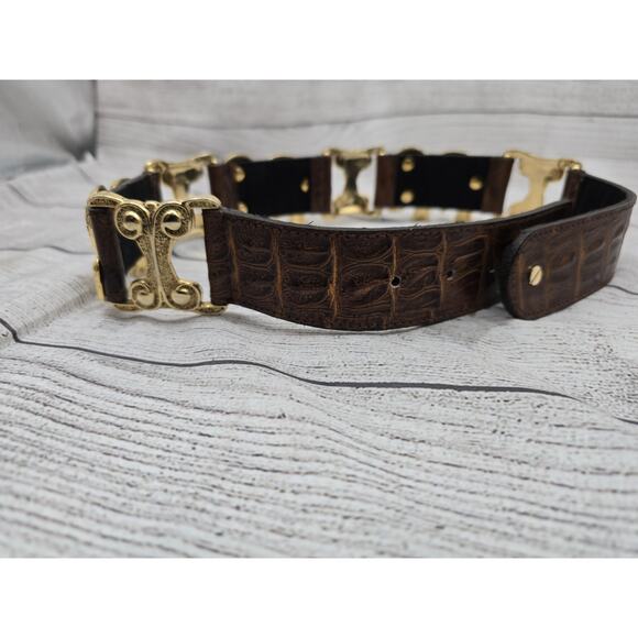 VTG CROCO EMBOSSED LEATHER GOLD Thai ELEPHANTS WAIST BELT Size Small/med